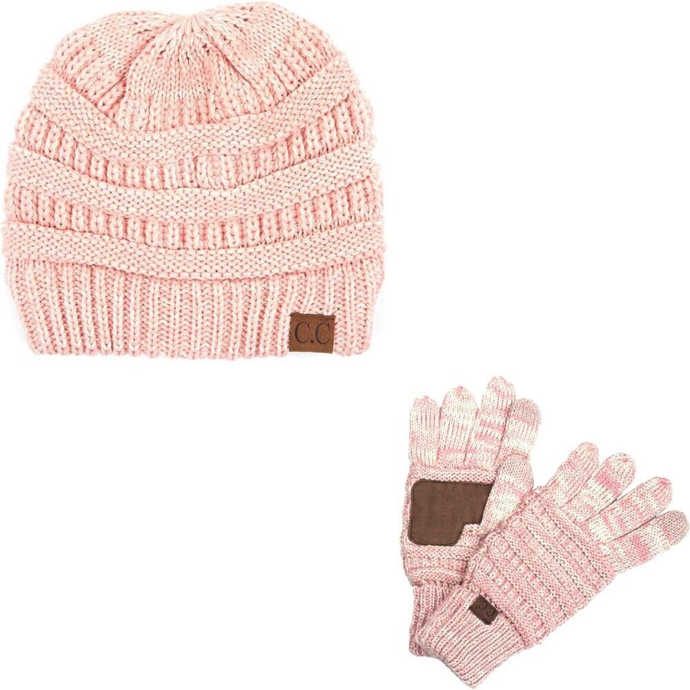 Unisex Soft Stretch Cable Knit Beanie and Anti-Slip Touchscreen Gloves 2 Pc Set
